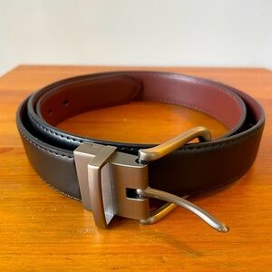 Bulliant, men 48” reversible leather belt brushed silver or pewter color buckle